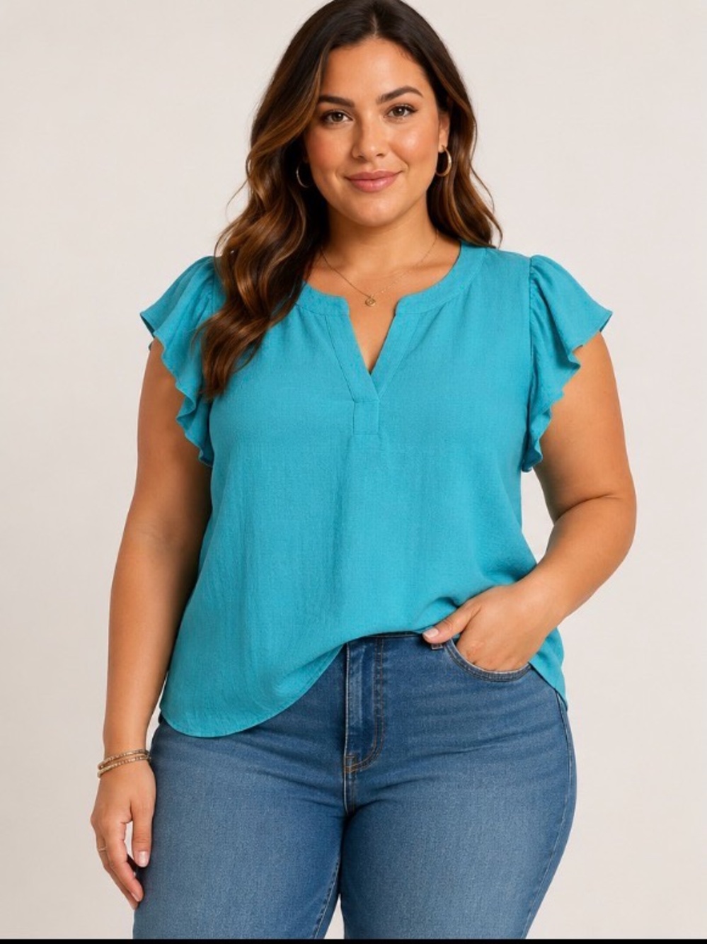 Andre By Unit - Teal Flutter Sleeve V-Neck Blouse - Women Tops